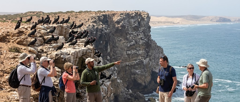 Guided birdwatching tour observing the Northern Bald Ibis colony at Souss Massa National Park