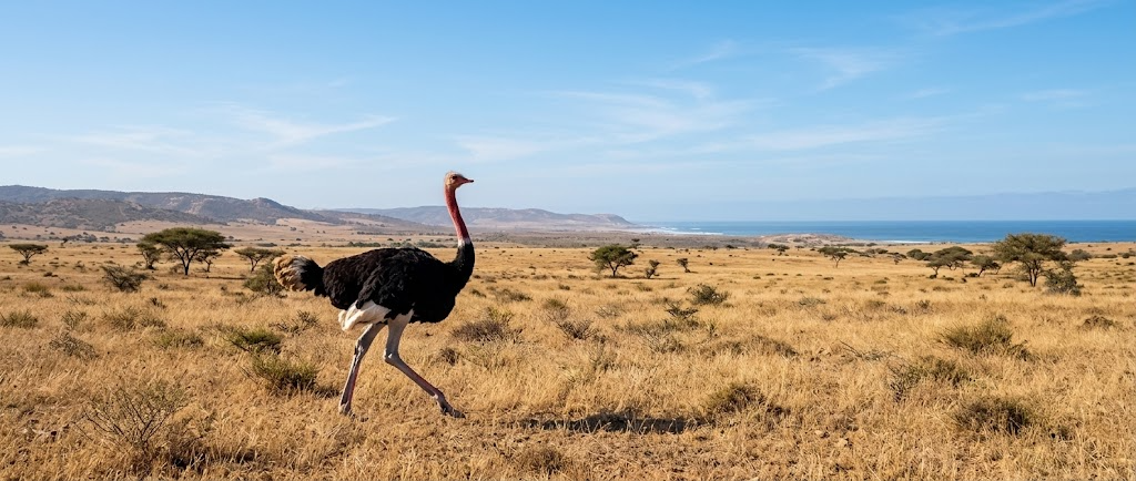 North African Ostrich walking across the steppe reserve in Souss Massa National Park