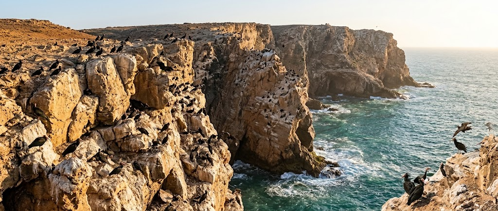 Northern Bald Ibis colony on the Atlantic coastal cliffs of Souss Massa National Park, Morocco
