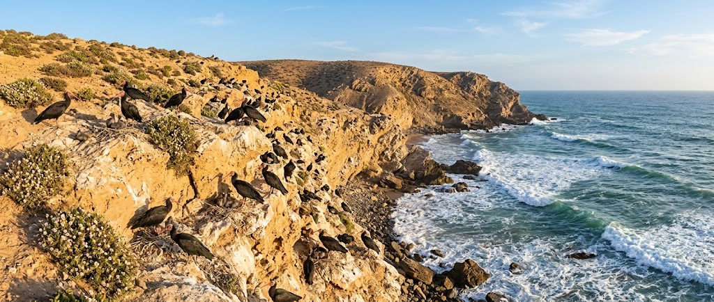 Northern Bald Ibis nesting on coastal cliffs in Souss Massa National Park during spring breeding season