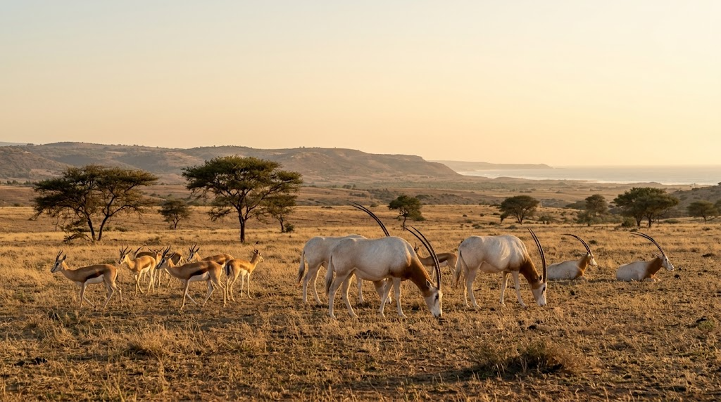 Scimitar Oryx and Dorcas Gazelle in the steppe reserve at Souss Massa National Park