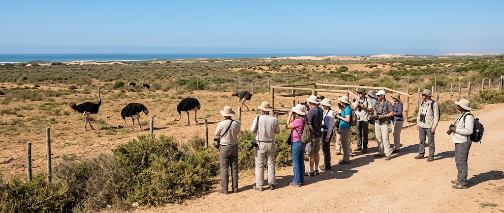 Visitors on a guided tour observing North African Ostrich in Souss Massa National Park